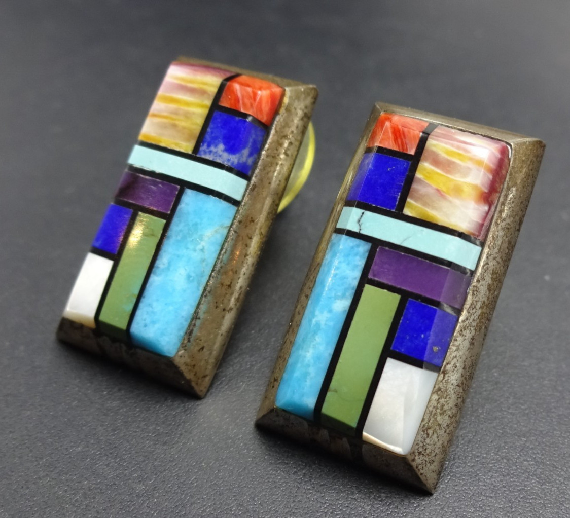 Vintage Navajo ALVIN YELLOWHORSE Sterling Silver MULTI-STONE Inlay EARRINGS Vintage Navajo ALVIN YELLOWHORSE Sterling Silver MULTI-STONE Inlay EARRINGS