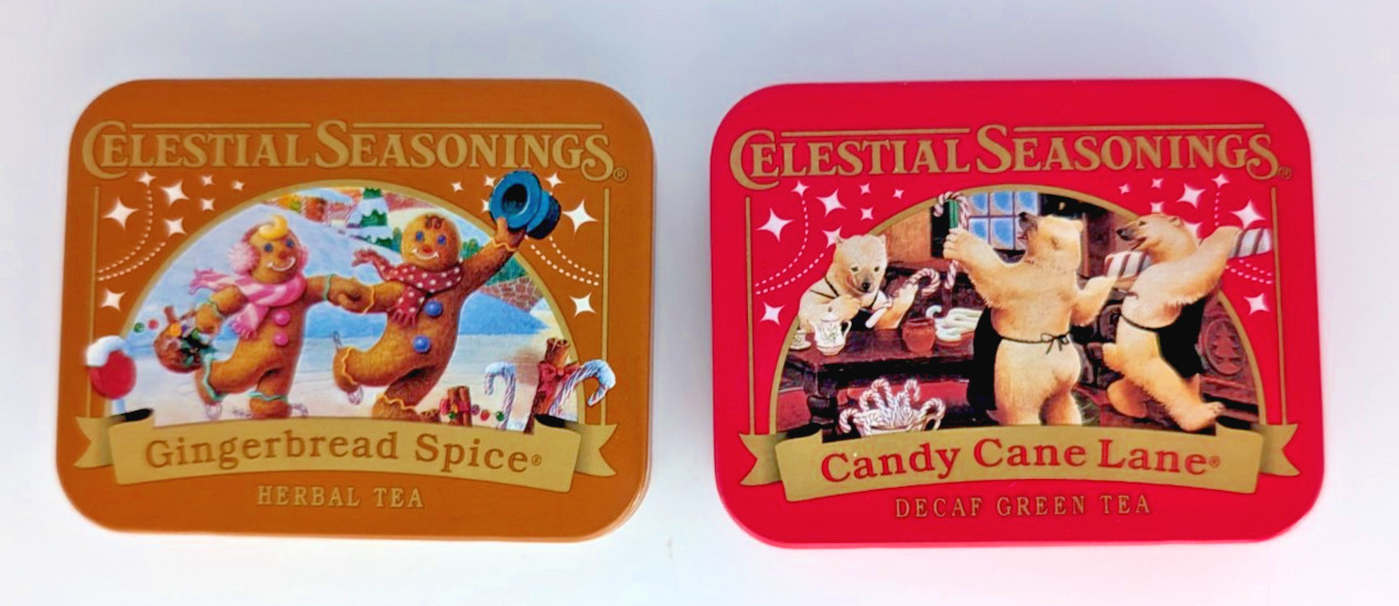 CELESTIAL SEASONINGS-2 Miniature Tea Tins, Candy Cane & Gingerbread (NEW/empty)