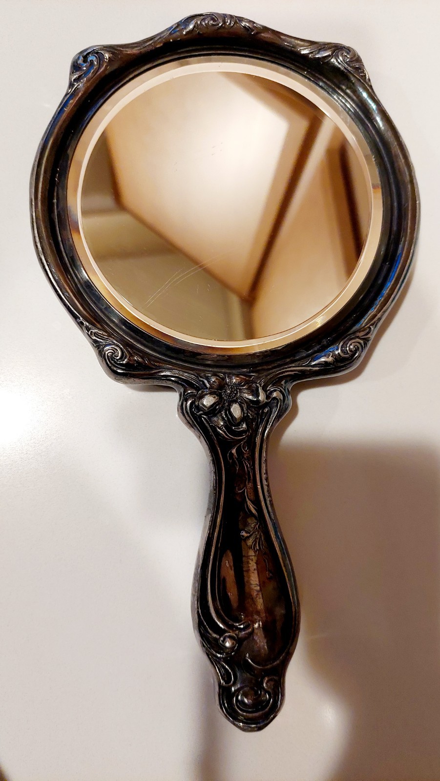 Antique Art Nouveau Hand Mirror Victorian Silver Plate Repousse Floral Vanity Antique Art Nouveau Hand Mirror Victorian Silver Plate Repousse Floral Vanity