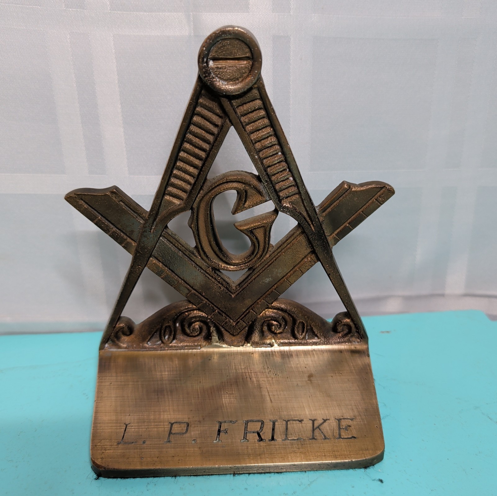 Vintage Brass Tone Bookend Masonic Freemason Compass Square Decor 6" Engraved Vintage Brass Tone Bookend Masonic Freemason Compass Square Decor 6" Engraved
