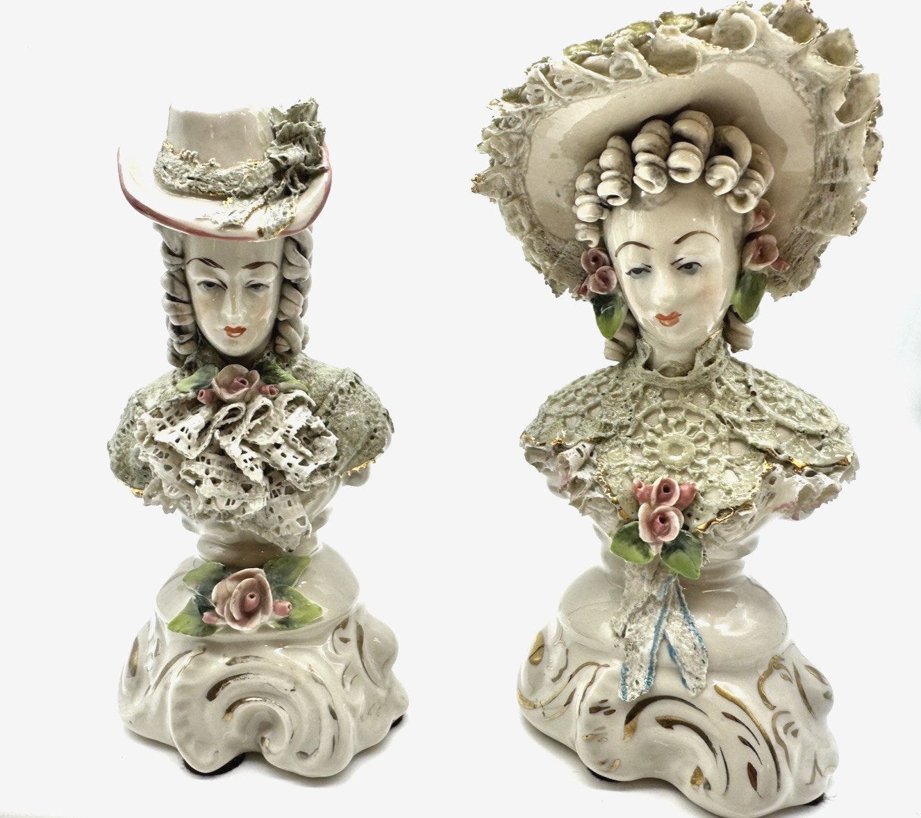 VTG Cordey Victorian Pair Man & Lady Ornate Bust Figurines Roses Lace 7.25" VTG Cordey Victorian Pair Man & Lady Ornate Bust Figurines Roses Lace 7.25"