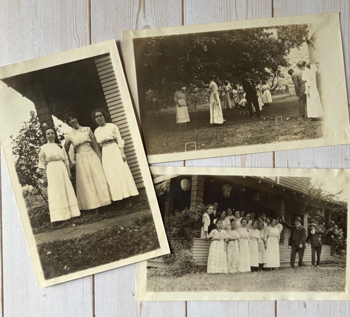 3 Antique Snapshot Photos Family Friends Lovely Women Girls Croquet Celebration