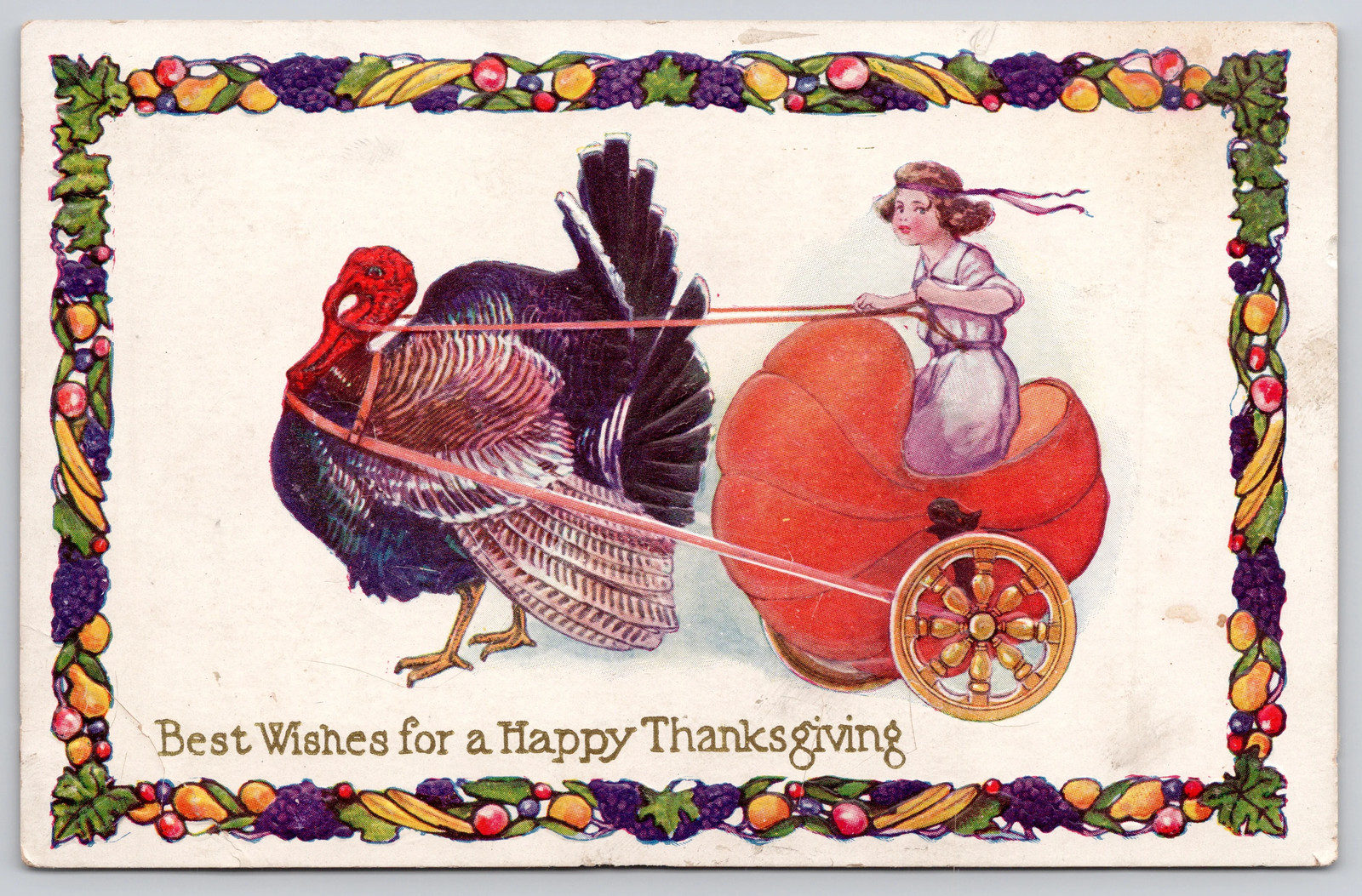 Thanksgiving Turkey Pulling Girl Pumpkin Carriage Greeting Postcard c1910s Thanksgiving Turkey Pulling Girl Pumpkin Carriage Greeting Postcard c1910s