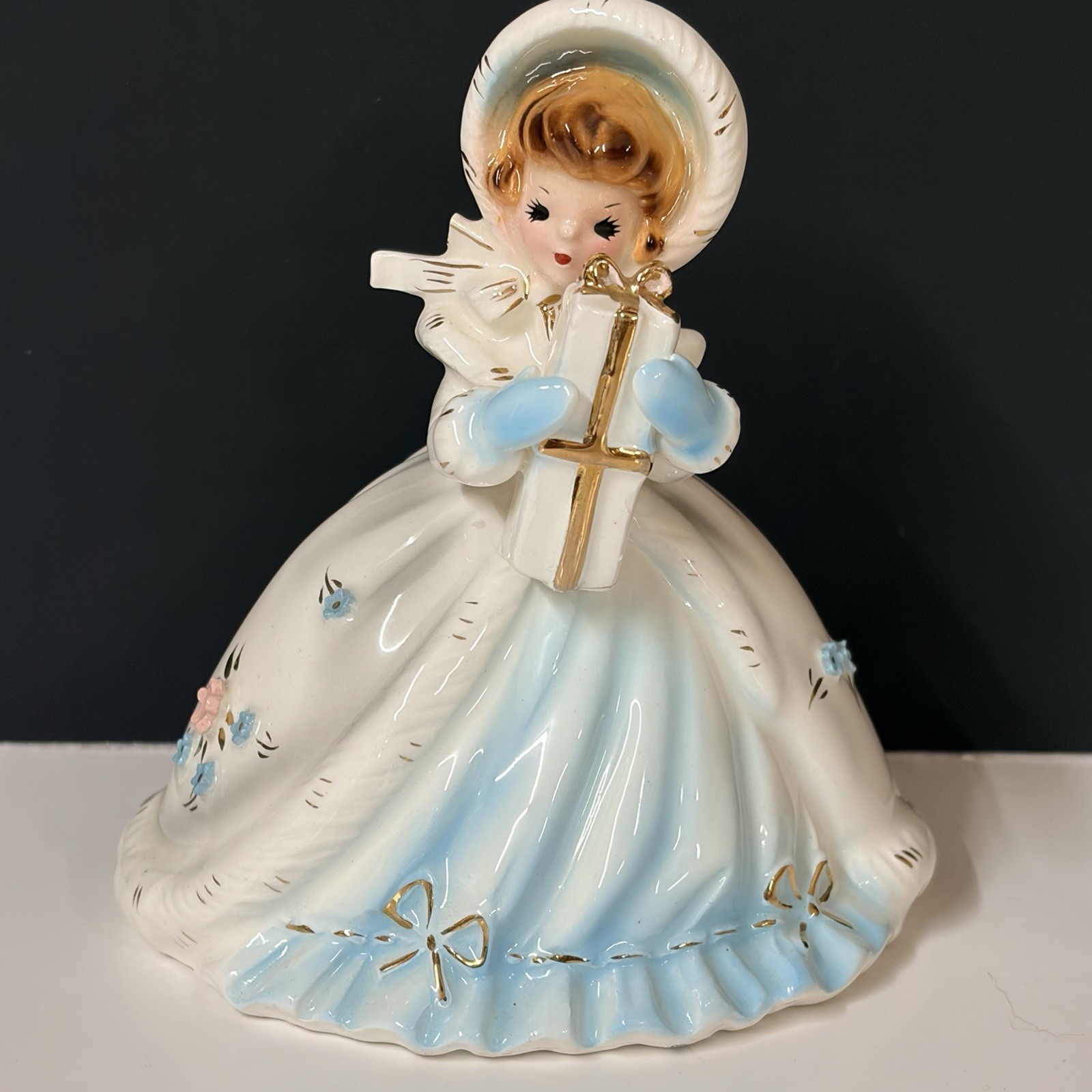 Josef Originals Winter Girl Figurine Holding Present Gift White Blue Dress Vtg