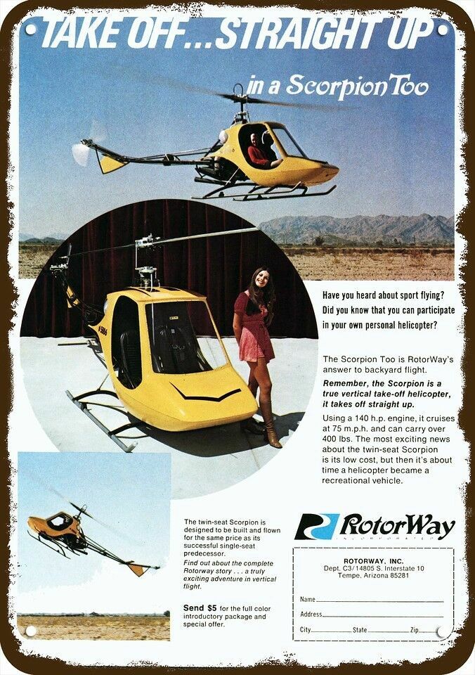 1971 ROTORWAY Scorpion Too Helicopter Vintage-Look DECORATIVE REPLICA METAL SIGN 1971 ROTORWAY Scorpion Too Helicopter Vintage-Look DECORATIVE REPLICA METAL SIGN