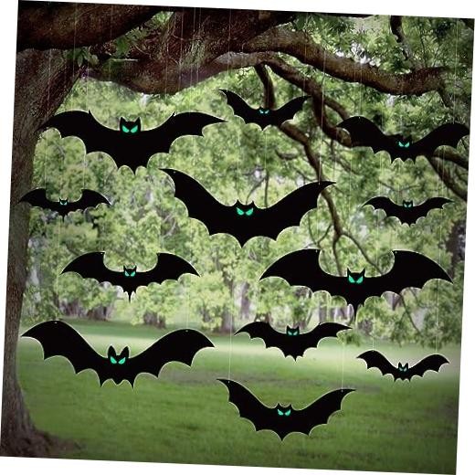 16Pcs Halloween Hanging Bats Decorations Outdoor, Large Flying Bats with 16Pcs Halloween Hanging Bats Decorations Outdoor, Large Flying Bats with