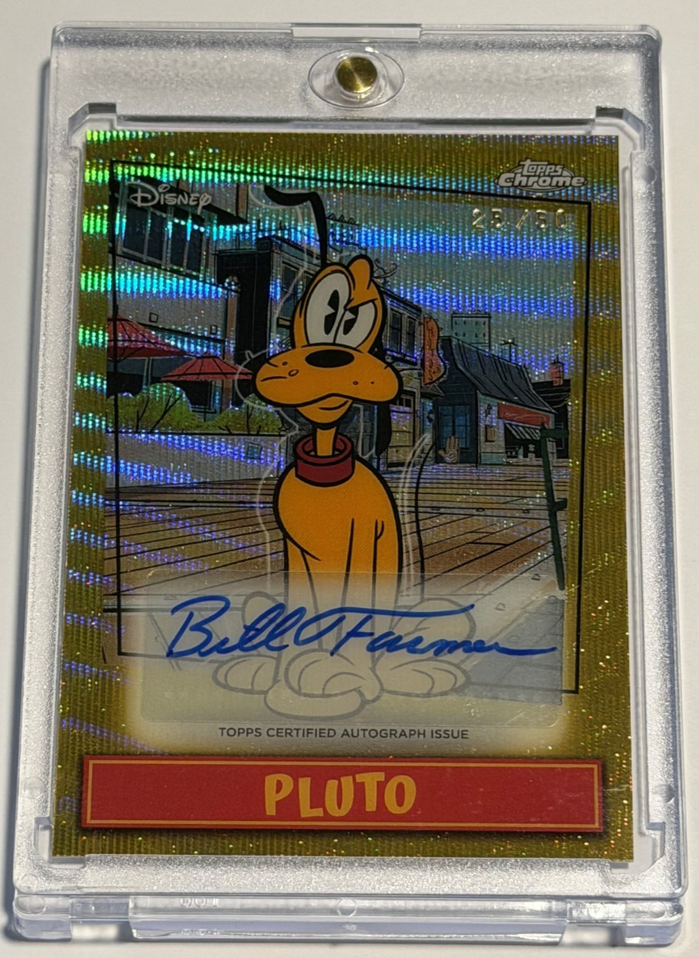 Topps 2026 Disney Neon Pluto Gold Parallel Autograph 25/50 Signed by Bill Farmer