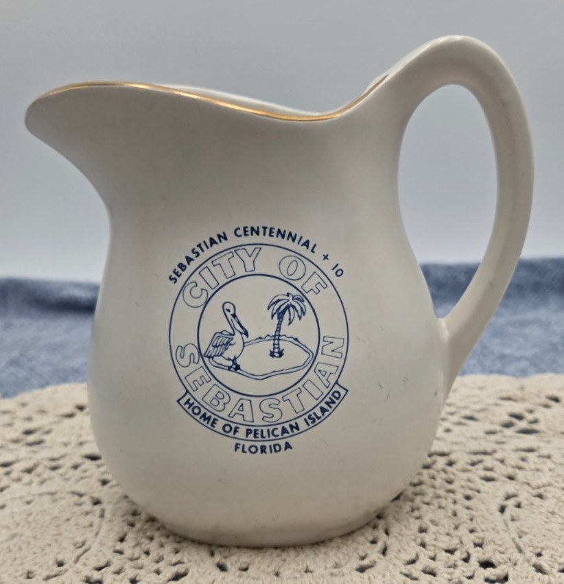 Vintage Sebastian Florida Centennial + 10 Souvenir Pitcher Creamer Gold Trim USA Vintage Sebastian Florida Centennial + 10 Souvenir Pitcher Creamer Gold Trim USA