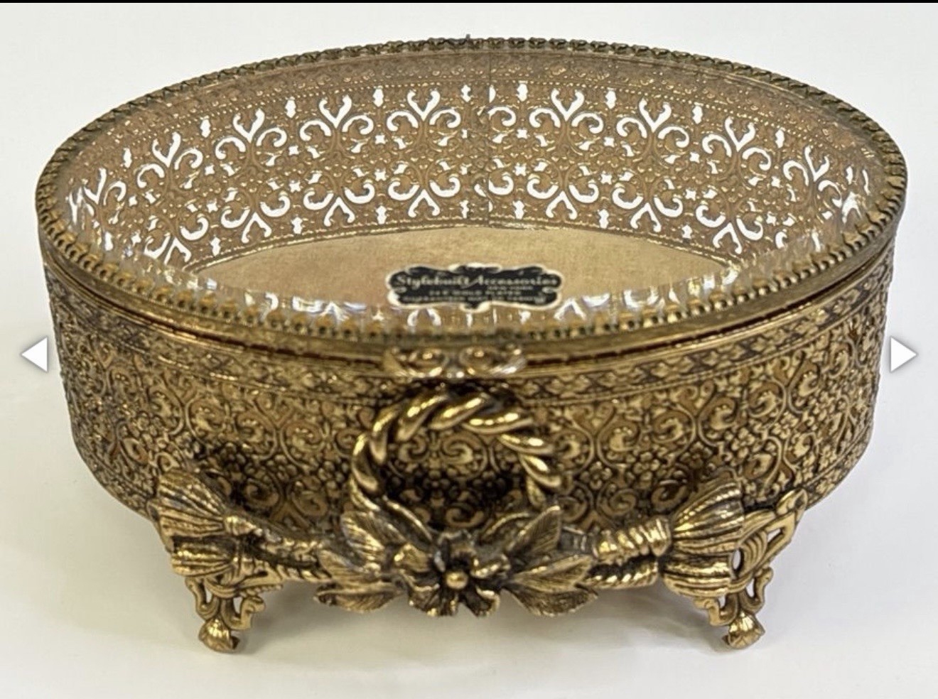 Stylebuilt 24K Gold Plated Jewelry Casket Box w/Glass Lid Hollywood Regency Stylebuilt 24K Gold Plated Jewelry Casket Box w/Glass Lid Hollywood Regency