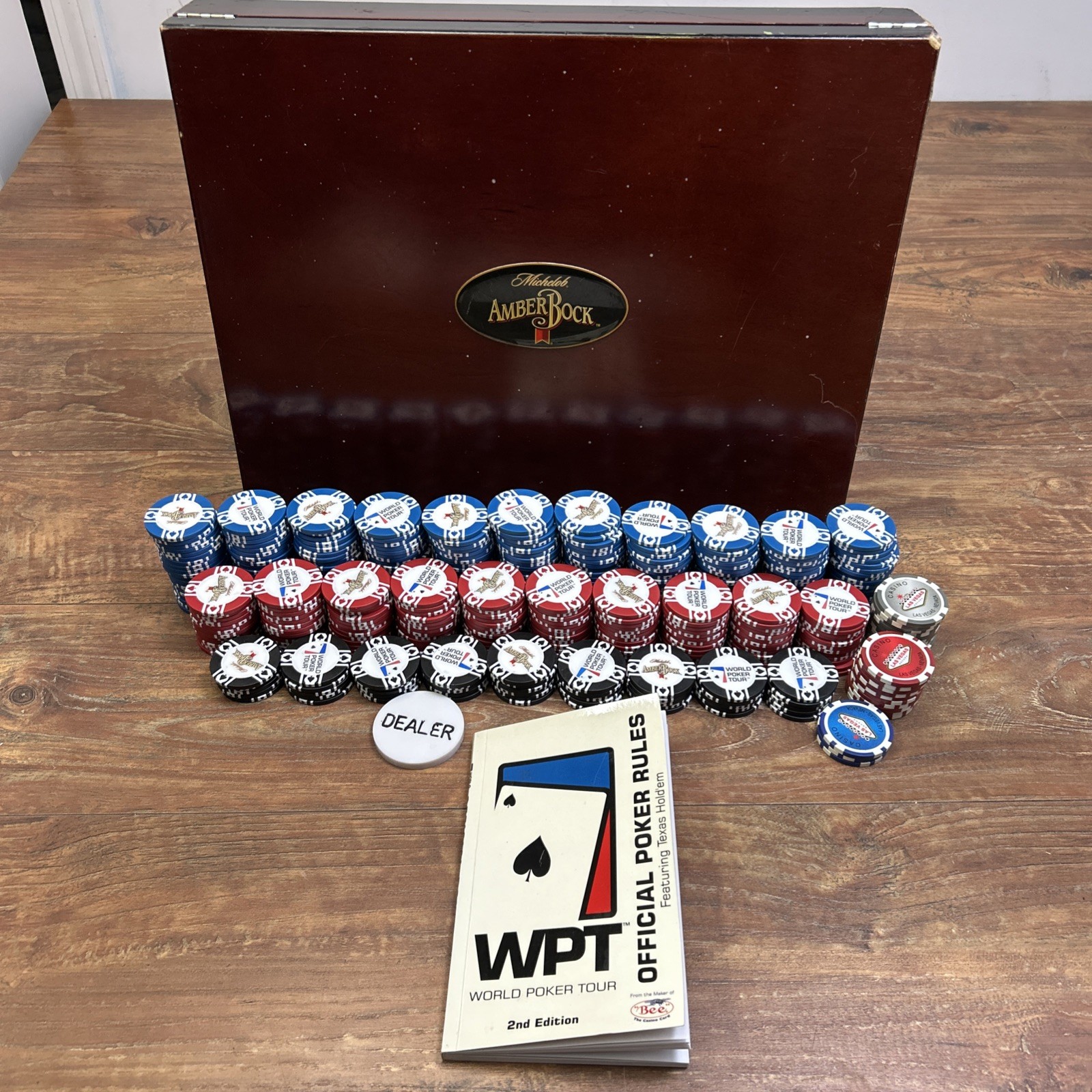 Michelob Amber Bock World Poker Tour Poker Chip Set **Chips Book Dealer Button Michelob Amber Bock World Poker Tour Poker Chip Set **Chips Book Dealer Button