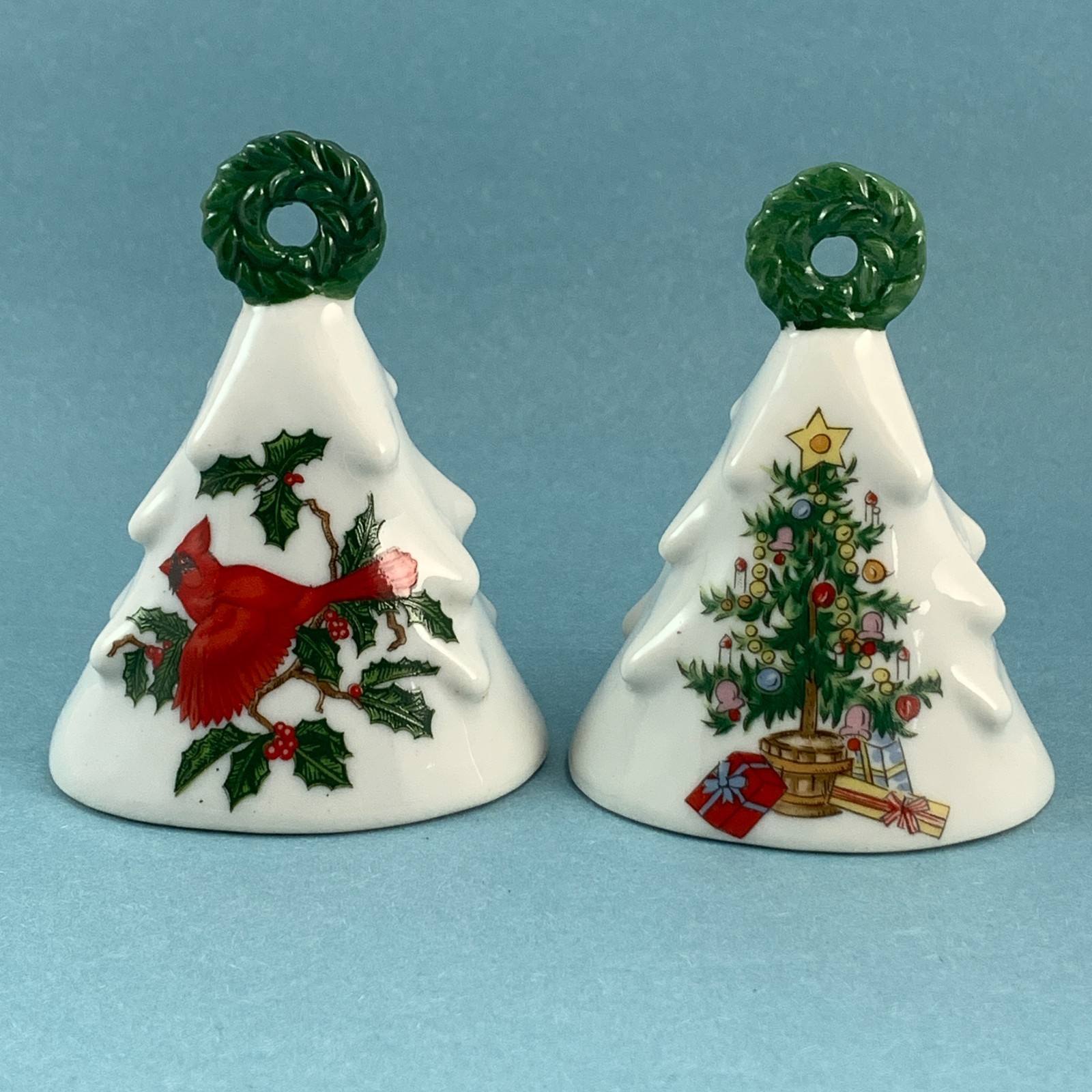 2 Vintage Lefton Christmas Tree Shaped Bells Cardinal #1205 and Tree #1199 Japan 2 Vintage Lefton Christmas Tree Shaped Bells Cardinal #1205 and Tree #1199 Japan