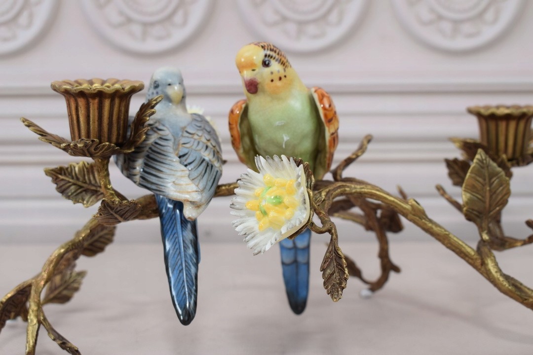 Parrot Candle Holder Porcelain & Bronze Hand-Painted Parakeets Flowering Branch Parrot Candle Holder Porcelain & Bronze Hand-Painted Parakeets Flowering Branch