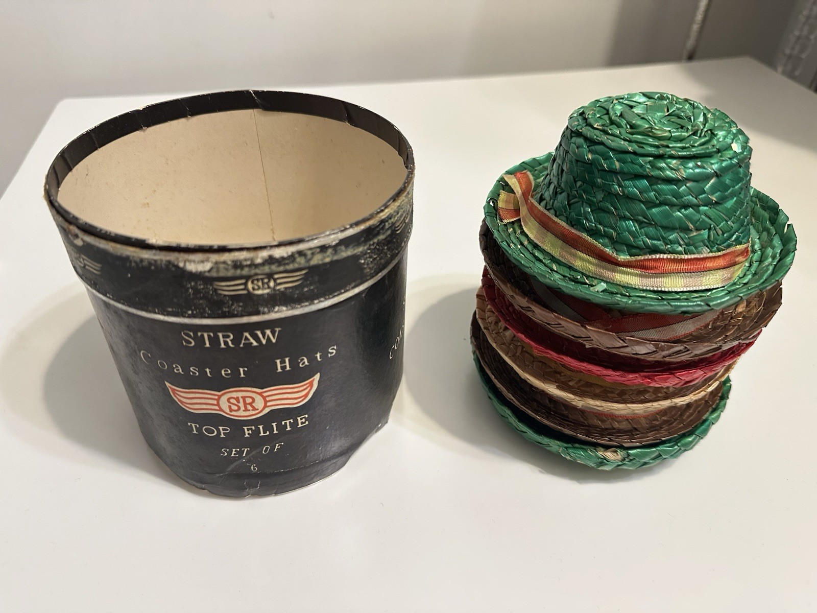 VINTAGE 1960s TOP FLITE Golf Straw Hat Coasters Japan Complete Set Of 6 Tiki Bar