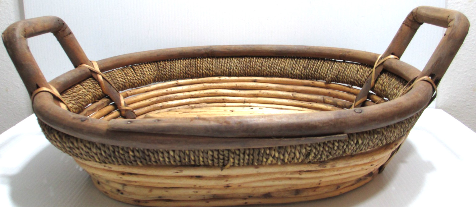 Vintage Hand-Woven Rattan Bamboo Rope Basket Tray Oval Wood Handles 17 1/2"