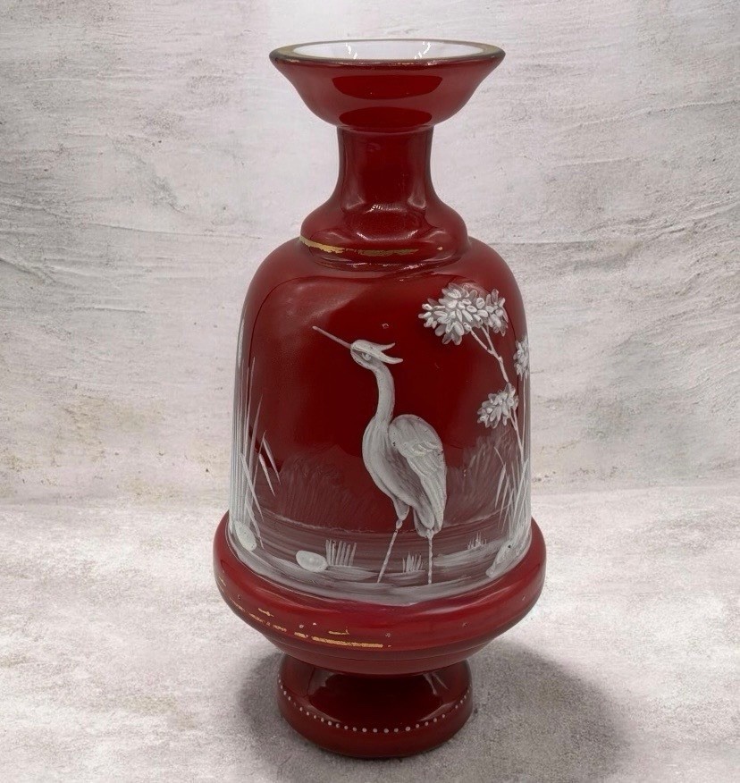 Antique Victorian 19c. Bohemian Art Glass Red Cased Hand Painted Vase Antique Victorian 19c. Bohemian Art Glass Red Cased Hand Painted Vase