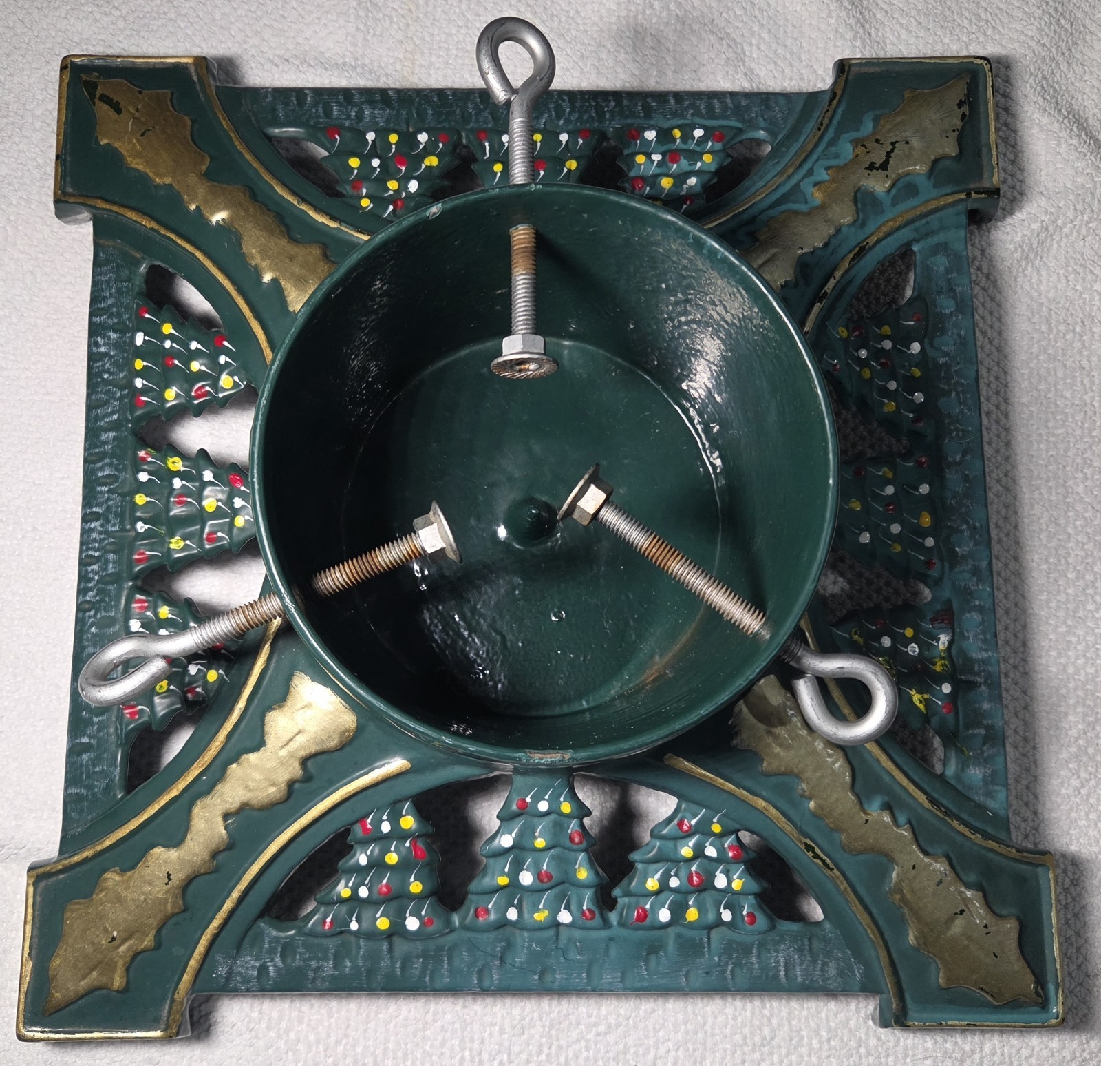 Vintage Cast Iron Christmas Tree Stand Green Gold 14" Square Heavy Duty Mold