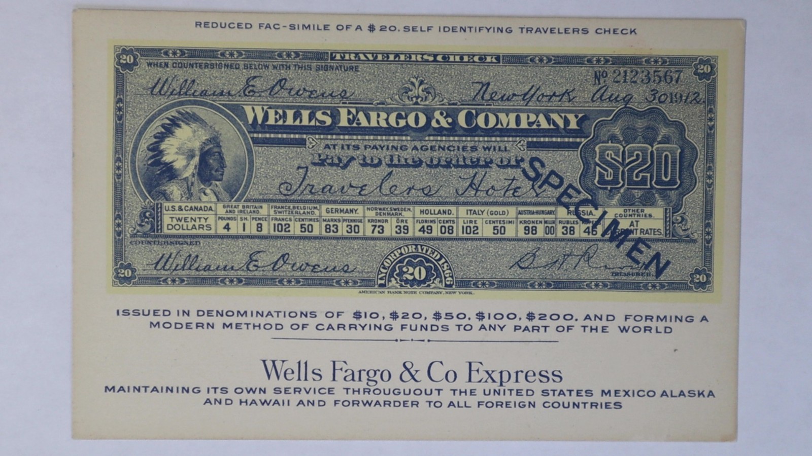 Wells Fargo 20 Dollar Indian Check Specimen US Mexico Alaska Hawaii Bank Note PC Wells Fargo 20 Dollar Indian Check Specimen US Mexico Alaska Hawaii Bank Note PC