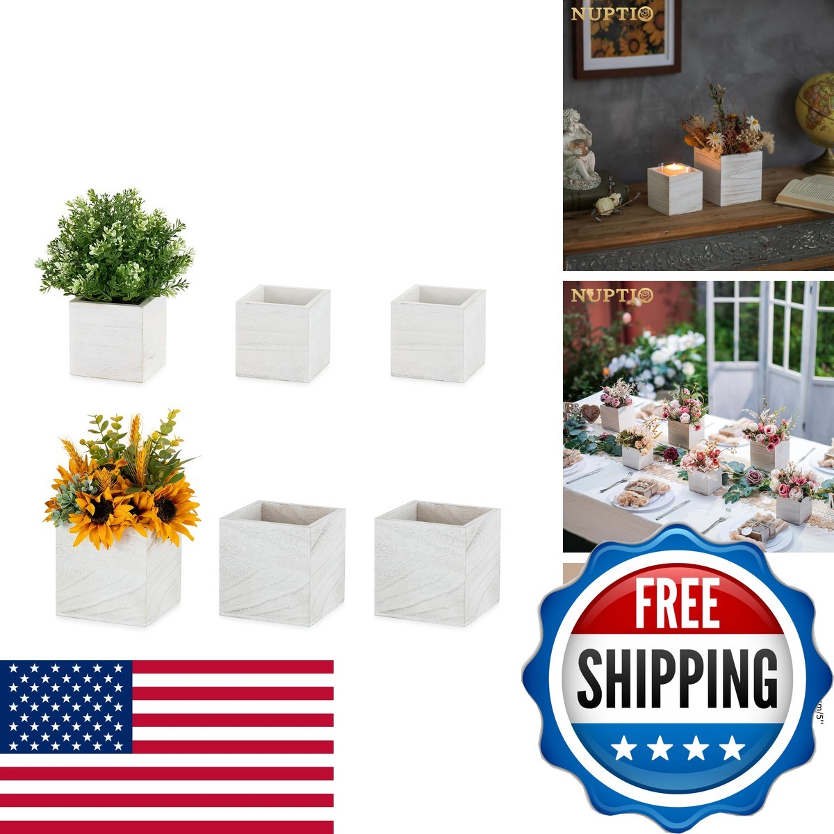 NUPTIO Small Wooden For Centerpiece, Whitewashed, Square, 4"/5", 6 Pcs NUPTIO Small Wooden For Centerpiece, Whitewashed, Square, 4"/5", 6 Pcs