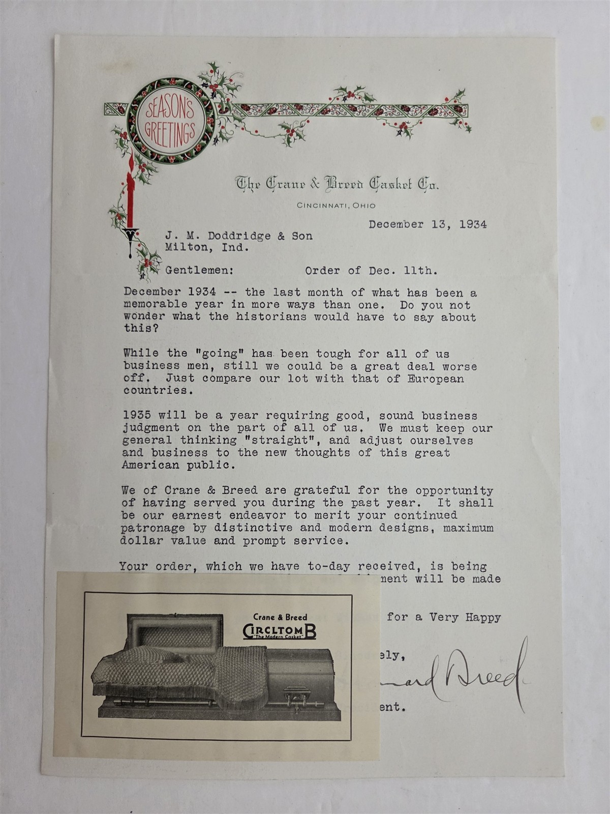 1934 antique CRANE & BREED CASKET Co cincinnati oh CHRISTMAS CASKET PHOTO LETTER 1934 antique CRANE & BREED CASKET Co cincinnati oh CHRISTMAS CASKET PHOTO LETTER