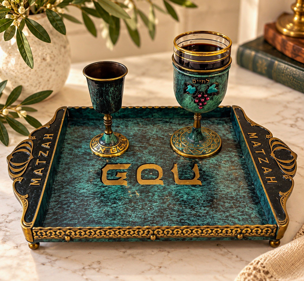 Vintage Israeli Judaica Kiddush Cups & Matzah Tray Set – Brass & Verdigris Vintage Israeli Judaica Kiddush Cups & Matzah Tray Set – Brass & Verdigris