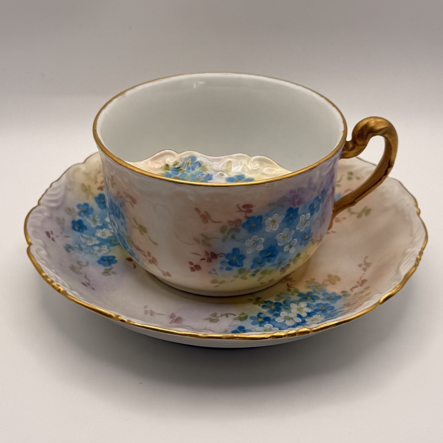 Antique T&V Limoges Mustache Cup Saucer Forget Me Not Floral Hand Painted Gold Antique T&V Limoges Mustache Cup Saucer Forget Me Not Floral Hand Painted Gold