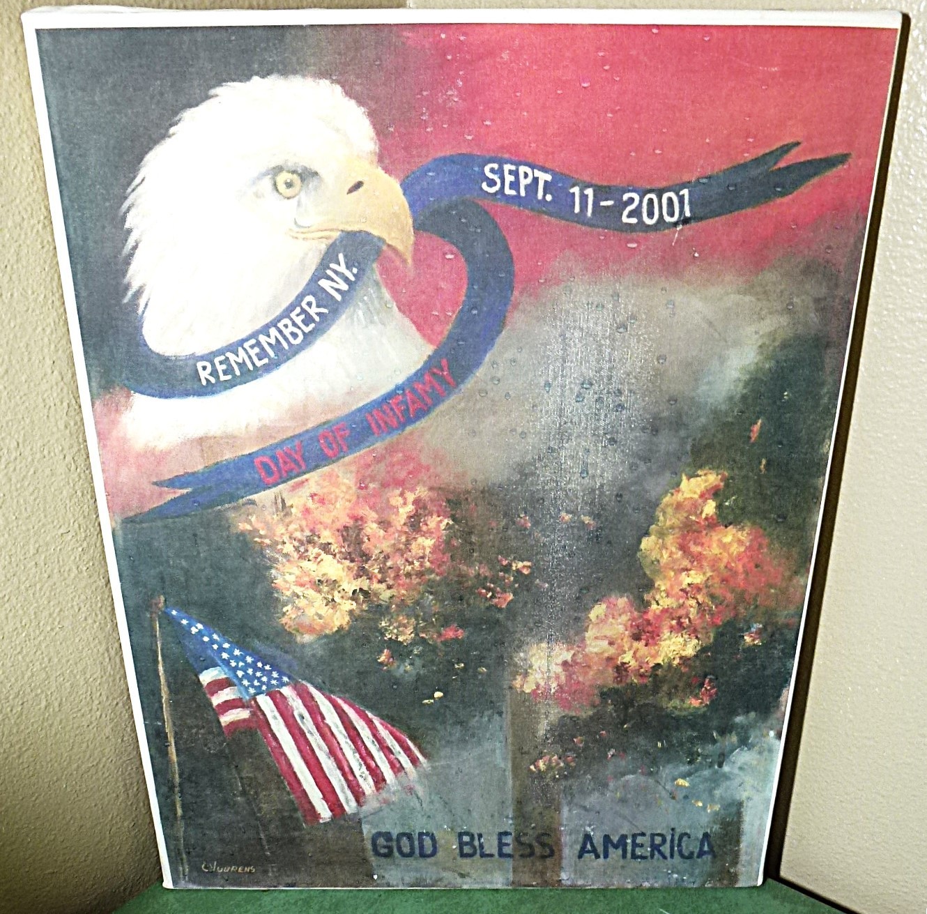Rare C Vuurens 9/11 Memorial Canvas Print Signed 16x20 Patriotic Folk Art, Uniq Rare C Vuurens 9/11 Memorial Canvas Print Signed 16x20 Patriotic Folk Art, Uniq