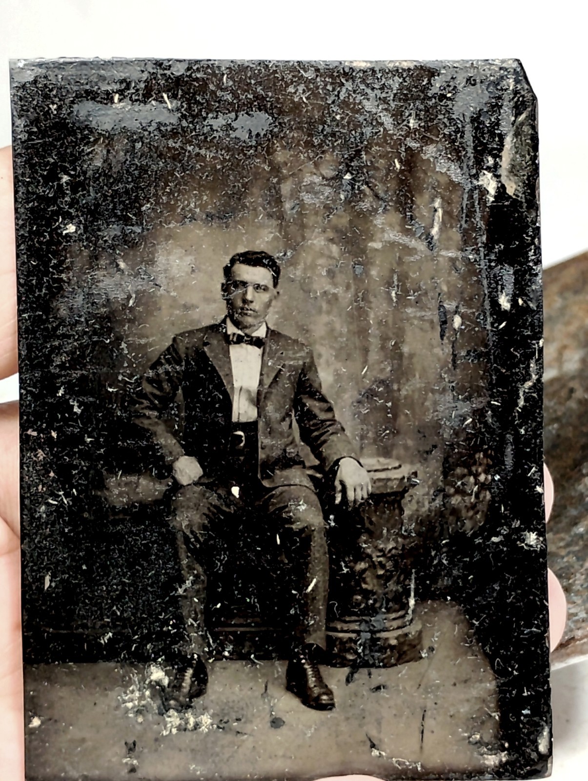 TinType Portrait Young Man in Suit with Bow Tie Short Hair Sitting TinType Portrait Young Man in Suit with Bow Tie Short Hair Sitting
