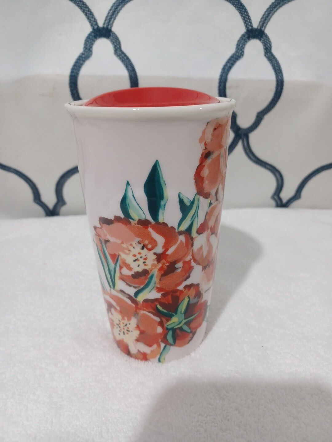 Starbucks 2015 Poppies Ceramic Tumbler Red Lid 10oz Floral Cup Mug Travel
