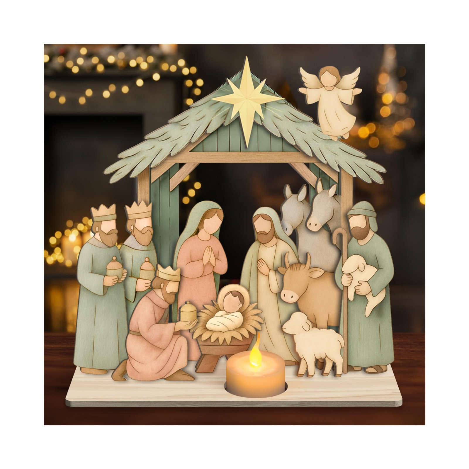 12pc Wooden Nativity Scene Set, Rustic Wood Christmas Figures, Pastel 12pc Wooden Nativity Scene Set, Rustic Wood Christmas Figures, Pastel