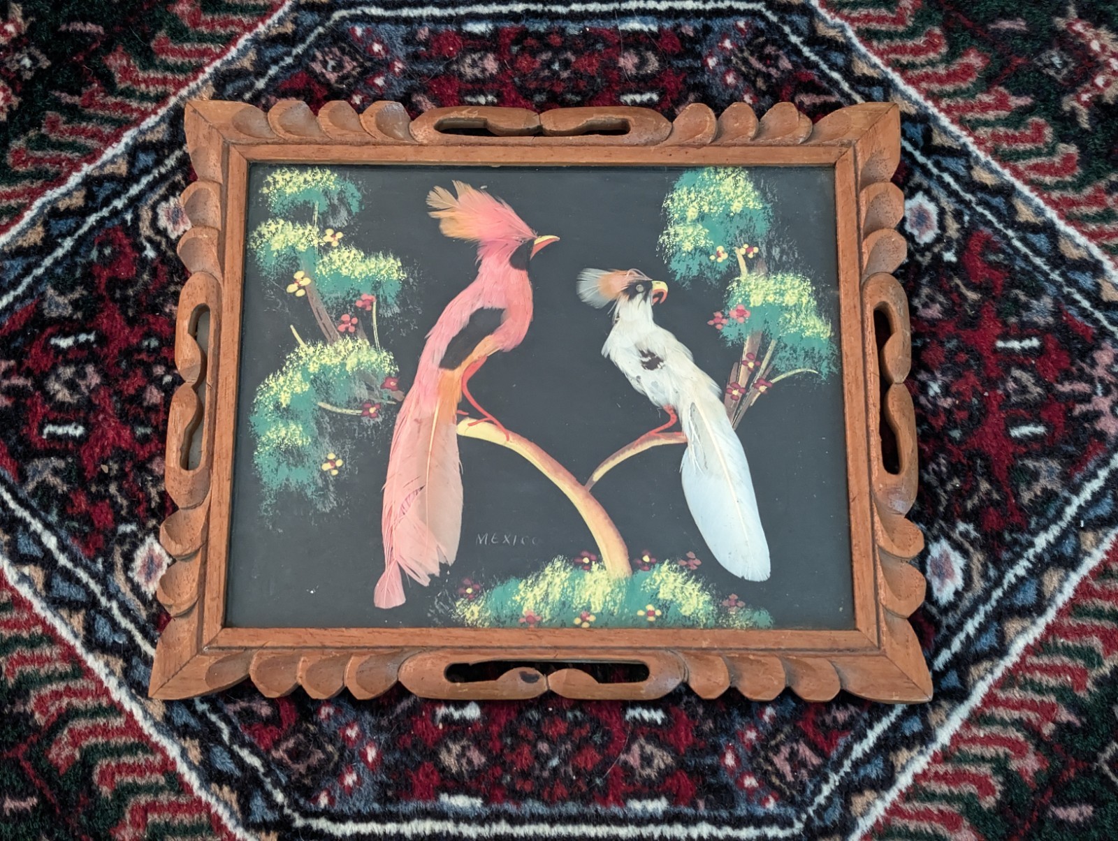 CHEERFUL 9½" by 11½" MEXICO Folk Art Feather Painting VINTAGE Bohemia MCM Frame CHEERFUL 9½" by 11½" MEXICO Folk Art Feather Painting VINTAGE Bohemia MCM Frame