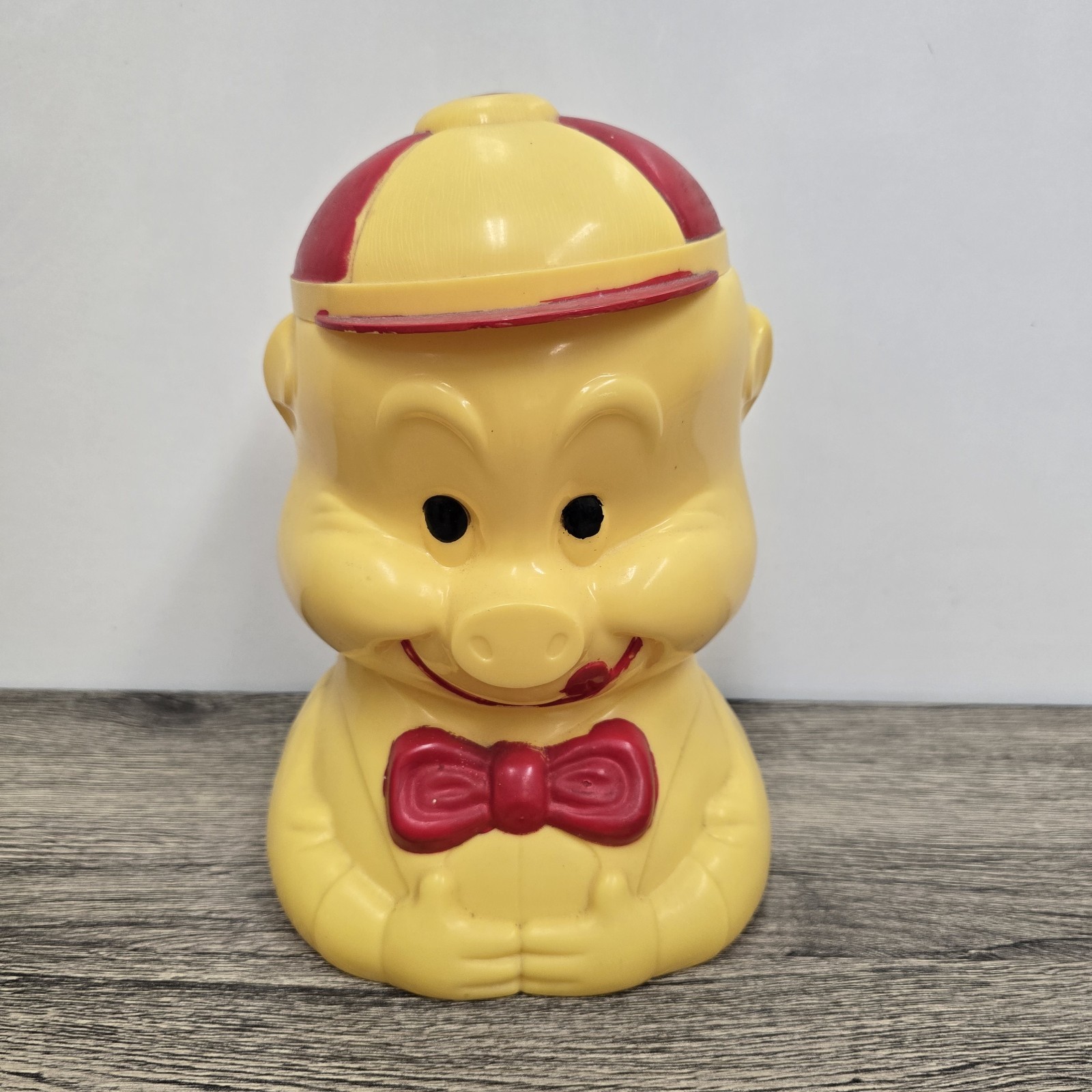 Vintage 1950's Celluloid Kitsch Pig Cookie Jar, Yellow w/ Red Hat And Tie Lid Vintage 1950's Celluloid Kitsch Pig Cookie Jar, Yellow w/ Red Hat And Tie Lid