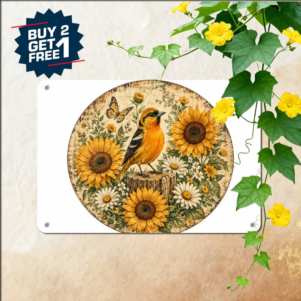 Bohemian Sunflower Bird Meadow Sign Whimsical Floral Garden Metal Tin Plaque Bohemian Sunflower Bird Meadow Sign Whimsical Floral Garden Metal Tin Plaque