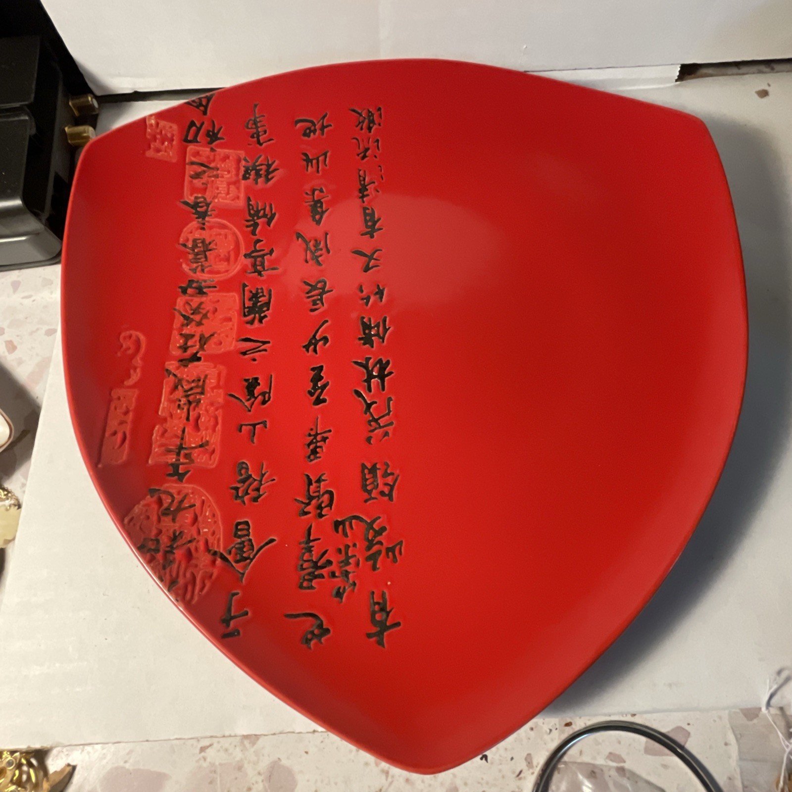 Vtg Baum Bros Style Eyes Chinese Seal Red Triangular Plate 11 Calligraphy Script Vtg Baum Bros Style Eyes Chinese Seal Red Triangular Plate 11 Calligraphy Script