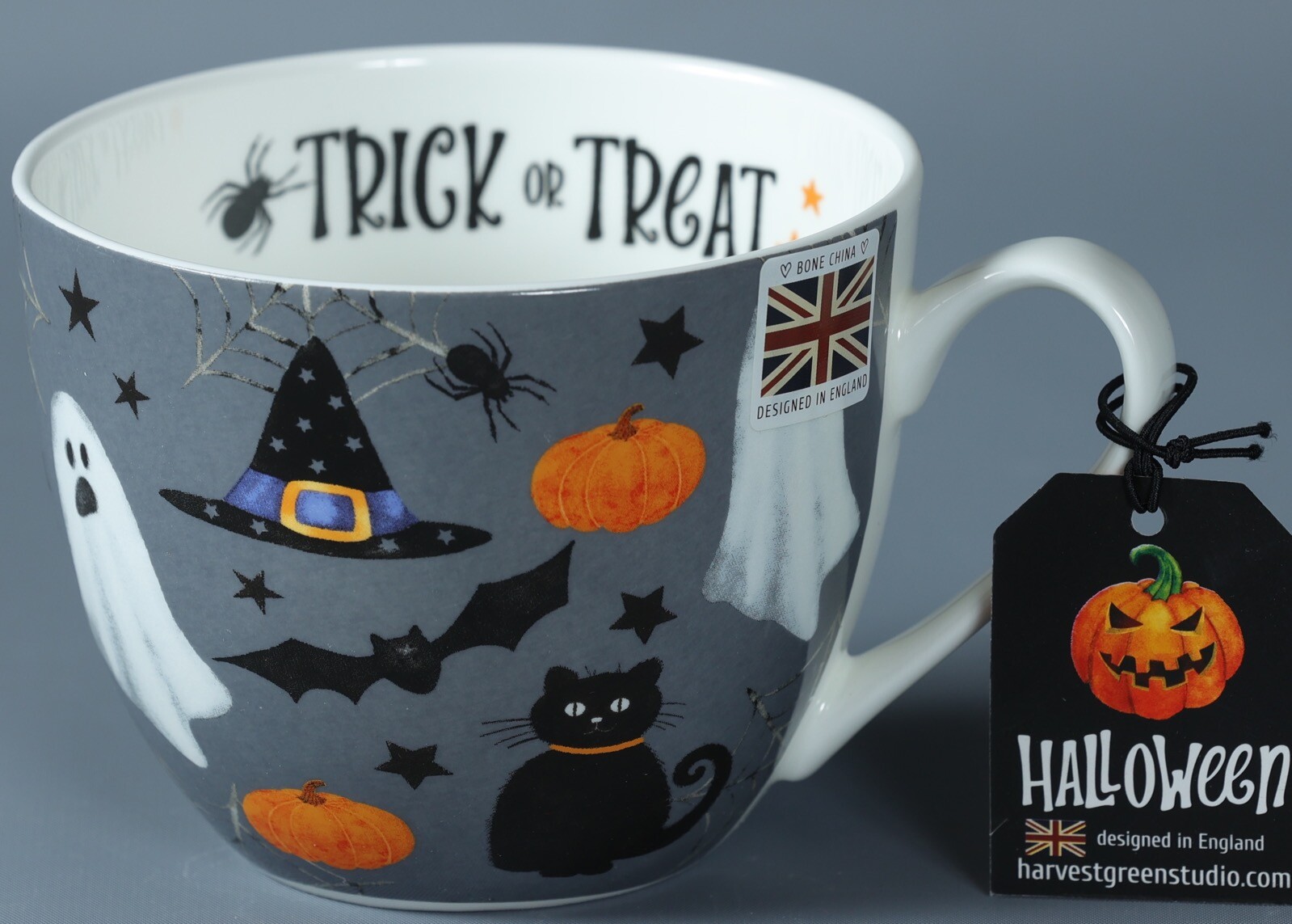 HARVEST GREEN STUDIO HALLOWEEN TRICK OR TREAT GREY Bone China Jumbo Cup HARVEST GREEN STUDIO HALLOWEEN TRICK OR TREAT GREY Bone China Jumbo Cup