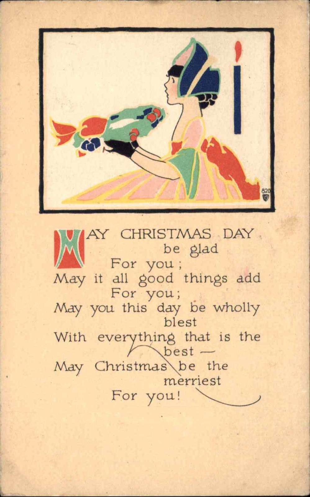 PF Volland Arts & Crafts 820 Christmas Girl Holding Wreath c1915 Postcard