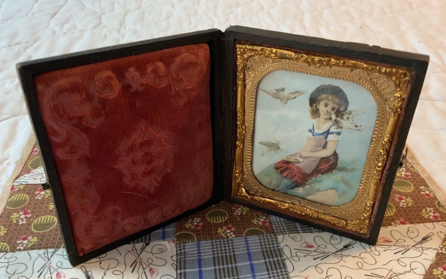 Antique Victorian Trade Card Ephemera Framed, Full Union Case, Young Girl, Birds Antique Victorian Trade Card Ephemera Framed, Full Union Case, Young Girl, Birds
