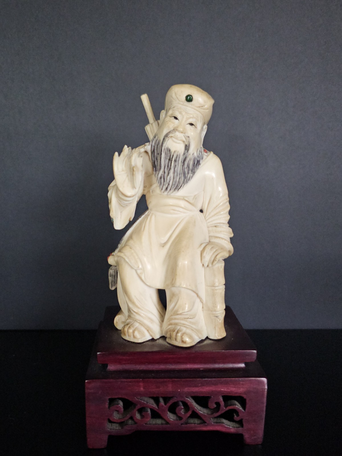 Vintage Chinese Carved Wise Man Wayfarer Figure Wood Stand 7" Detailed Inlay Vintage Chinese Carved Wise Man Wayfarer Figure Wood Stand 7" Detailed Inlay