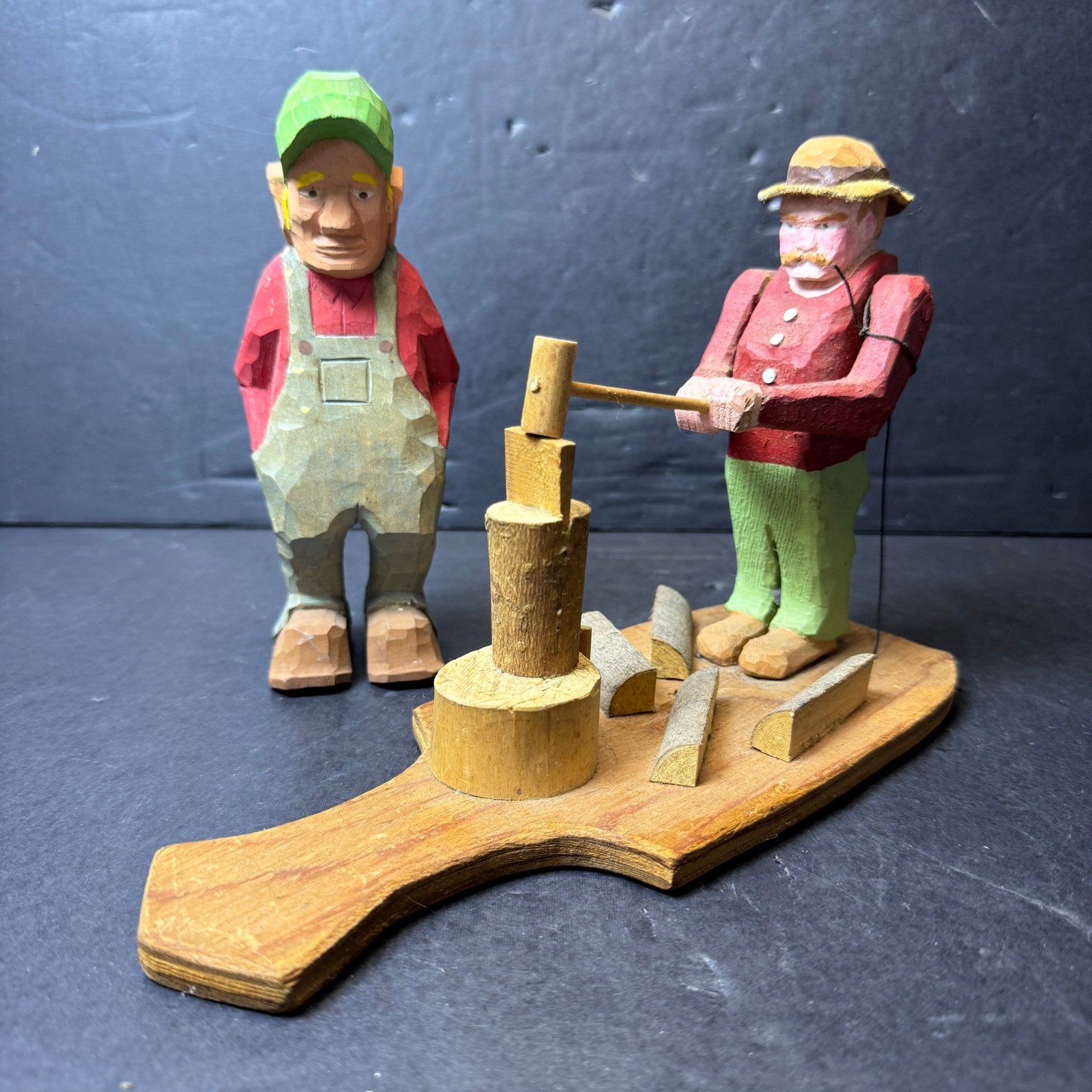 Vintage Hand Carved Wood Folk Art Lumberjack Figures Signed JG Whirlygig Set