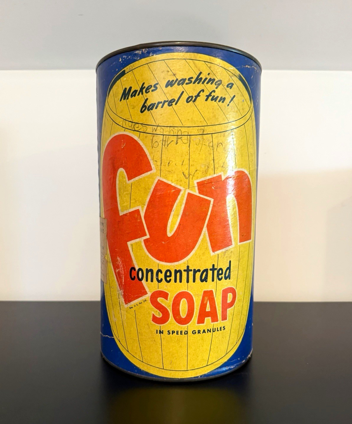Fun Vintage Concentrated Soap Speed Granules Advertising Tin Can, Blue