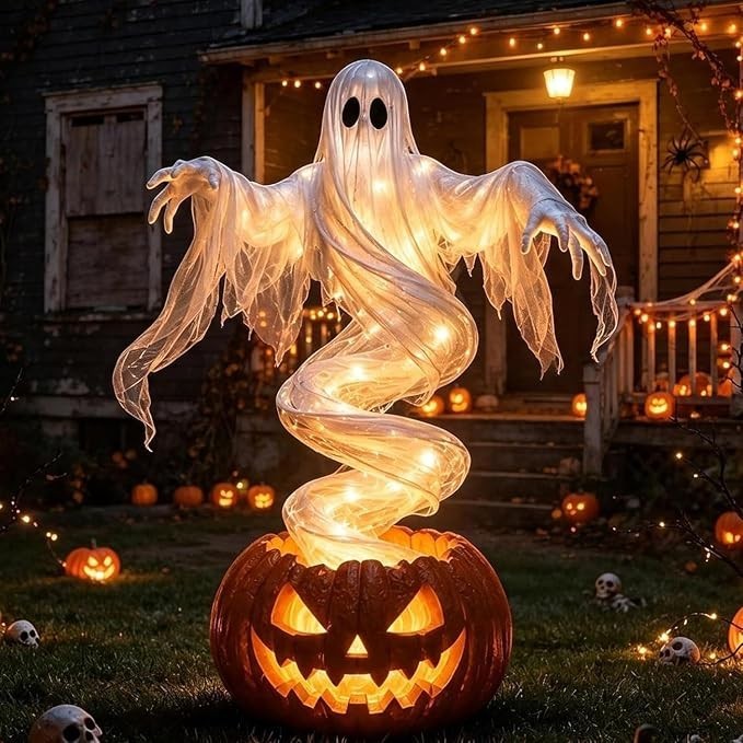 LED Swirling Ghost Pumpkin Yard Lamp | Lighted Halloween Garden Decor, Outdoor LED Swirling Ghost Pumpkin Yard Lamp | Lighted Halloween Garden Decor, Outdoor