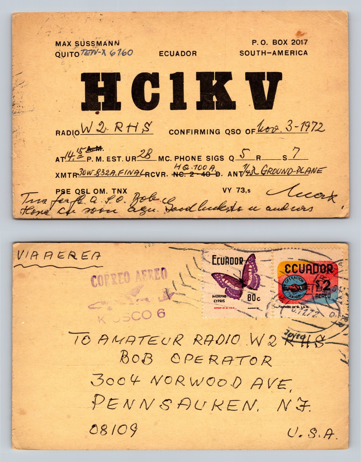 Ham Radio QSL QSO Postcard HC1KV, Quito, Ecuador Ham Radio QSL QSO Postcard HC1KV, Quito, Ecuador