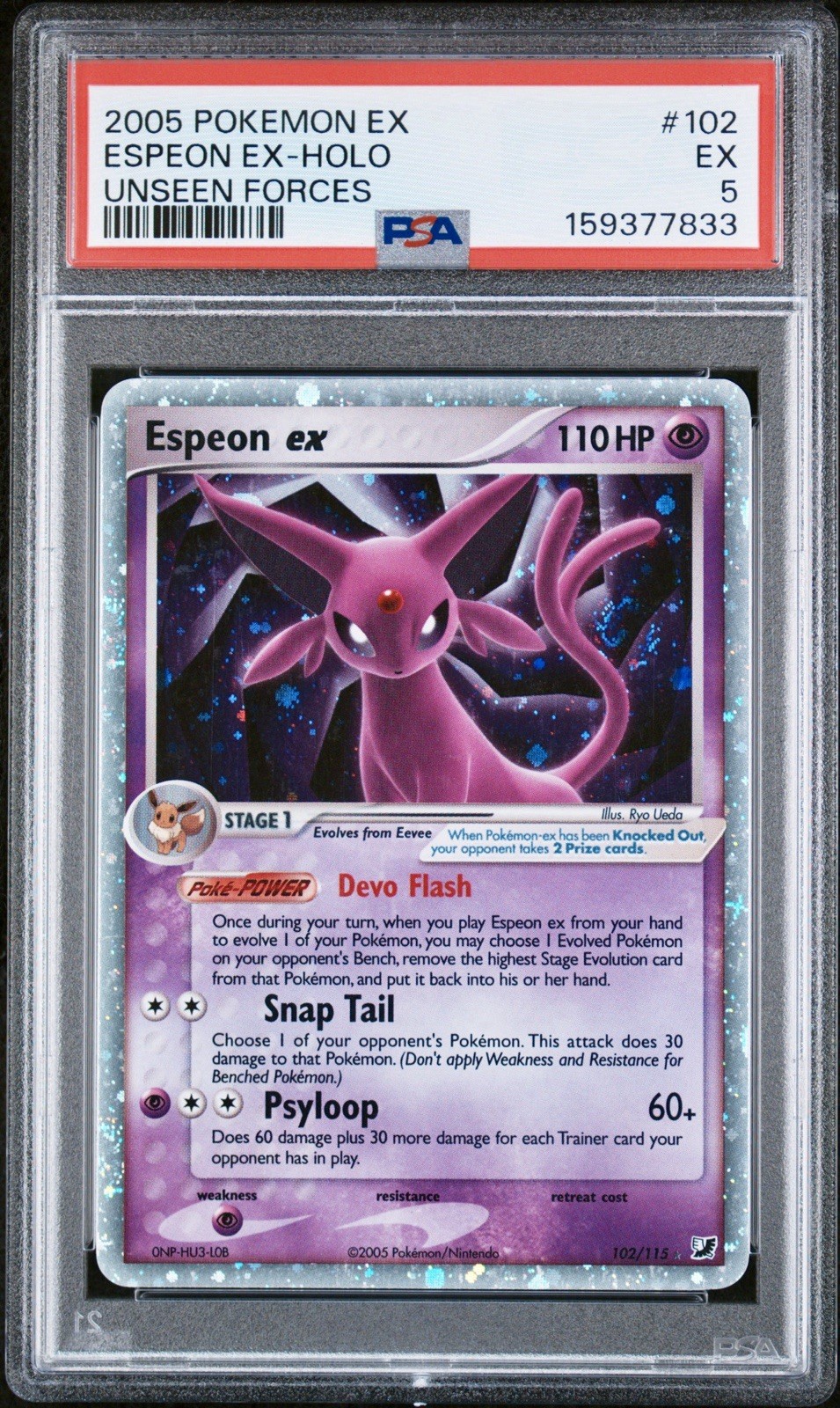 2005 Pokemon EX Unseen Forces Espeon EX Holo 102/115 PSA 5 Three Swirls ๐ 2005 Pokemon EX Unseen Forces Espeon EX Holo 102/115 PSA 5 Three Swirls ๐