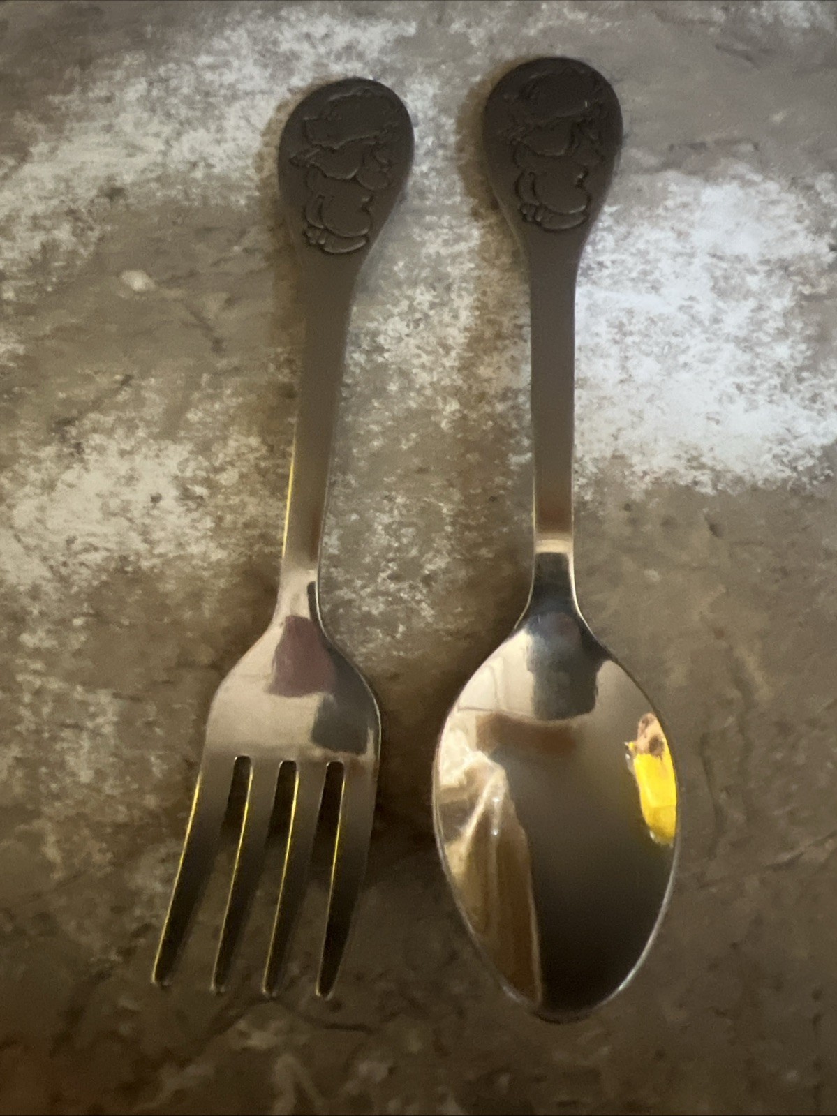 Vtg Tommee Tippee Child's Winnie the Pooh Bear Spoon and Fork Stainless Flatware Vtg Tommee Tippee Child's Winnie the Pooh Bear Spoon and Fork Stainless Flatware