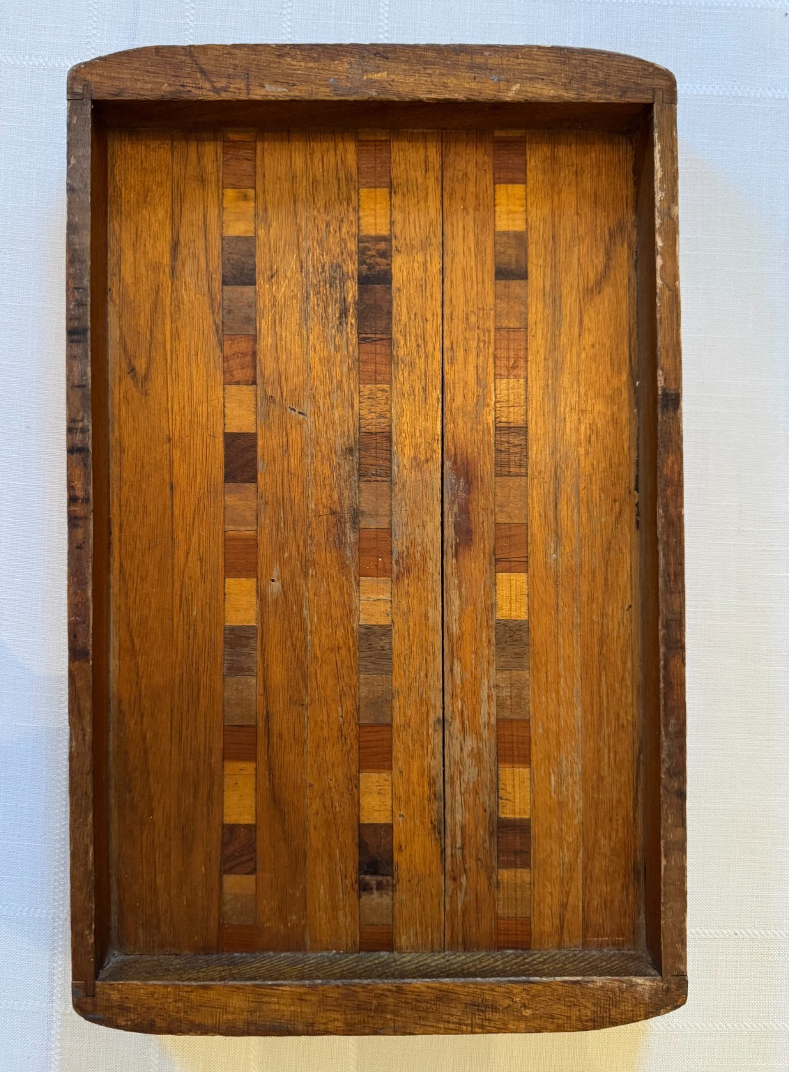 Antique Wooden Serving Tray with Lattice Inlay in Oak, Maple & Walnut - Rustic