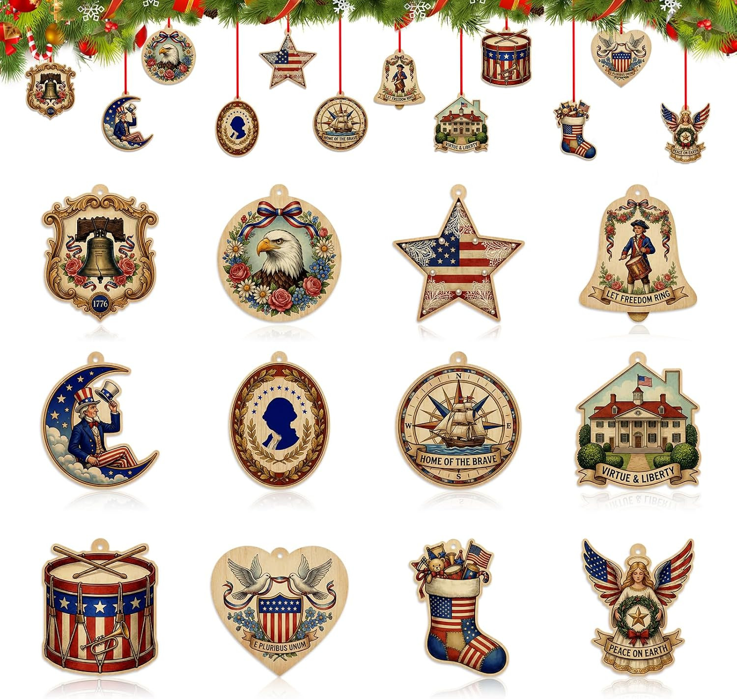 12Pcs 250 Anniversary USA Ornaments - Vintage Wooden 4Th of July 12Pcs 250 Anniversary USA Ornaments - Vintage Wooden 4Th of July