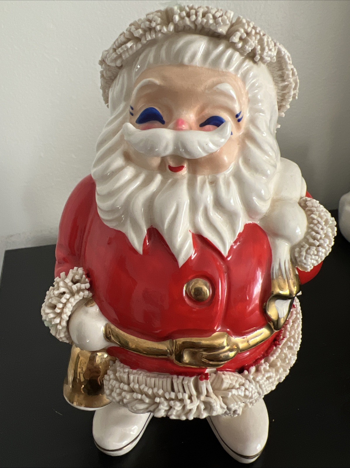 Vintage 1950's Ceramic Santa Claus Christmas Coin Bank w/ Spaghetti Trim Japan
