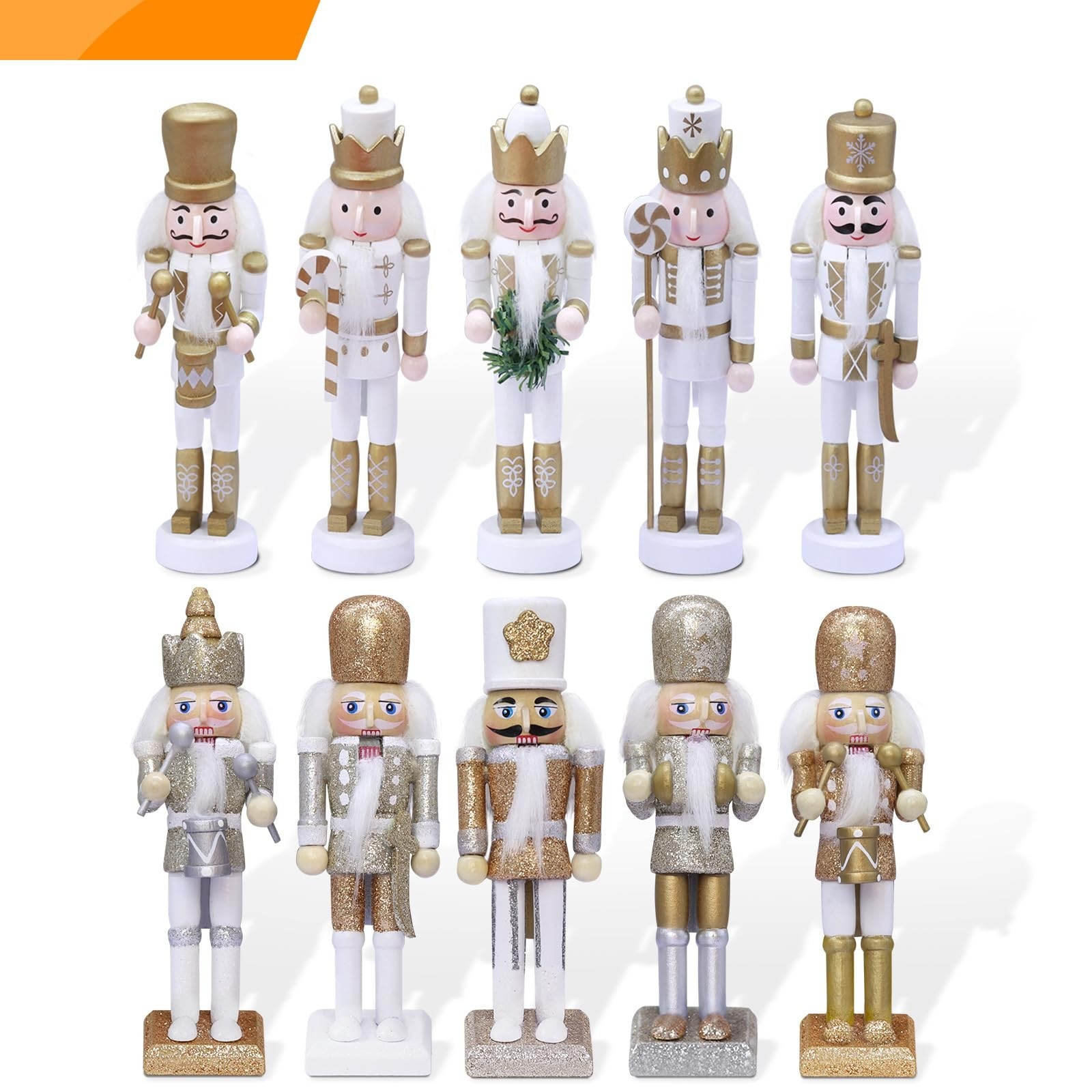 10 PCS Christmas Nutcracker Ornaments Set - Glitter Gold & Silver Soldier Figure 10 PCS Christmas Nutcracker Ornaments Set - Glitter Gold & Silver Soldier Figure