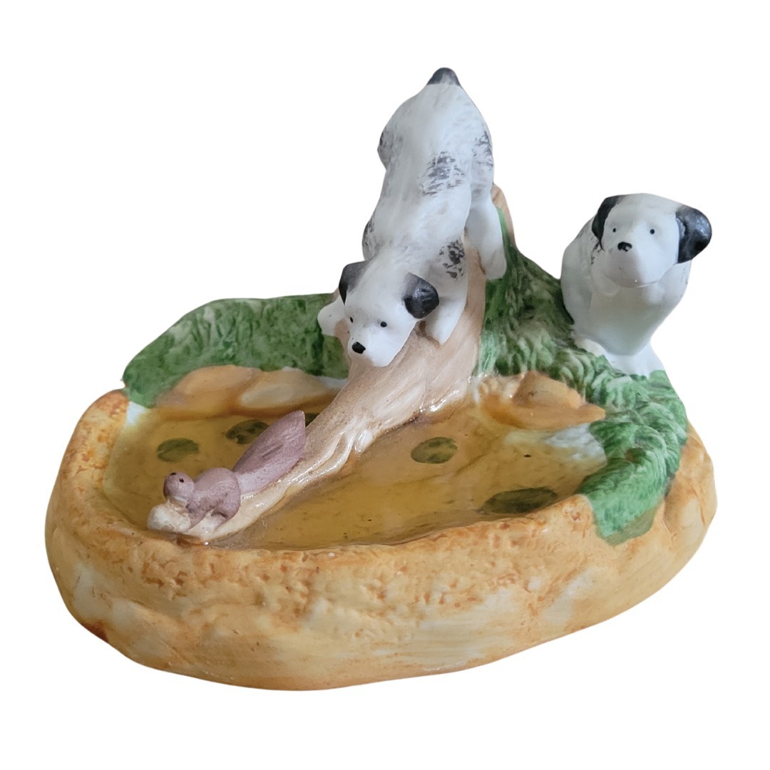 Vintage 1988 Staffordshire Dogs Porcelain Figurine Squirrel Pond Hunting Signed Vintage 1988 Staffordshire Dogs Porcelain Figurine Squirrel Pond Hunting Signed