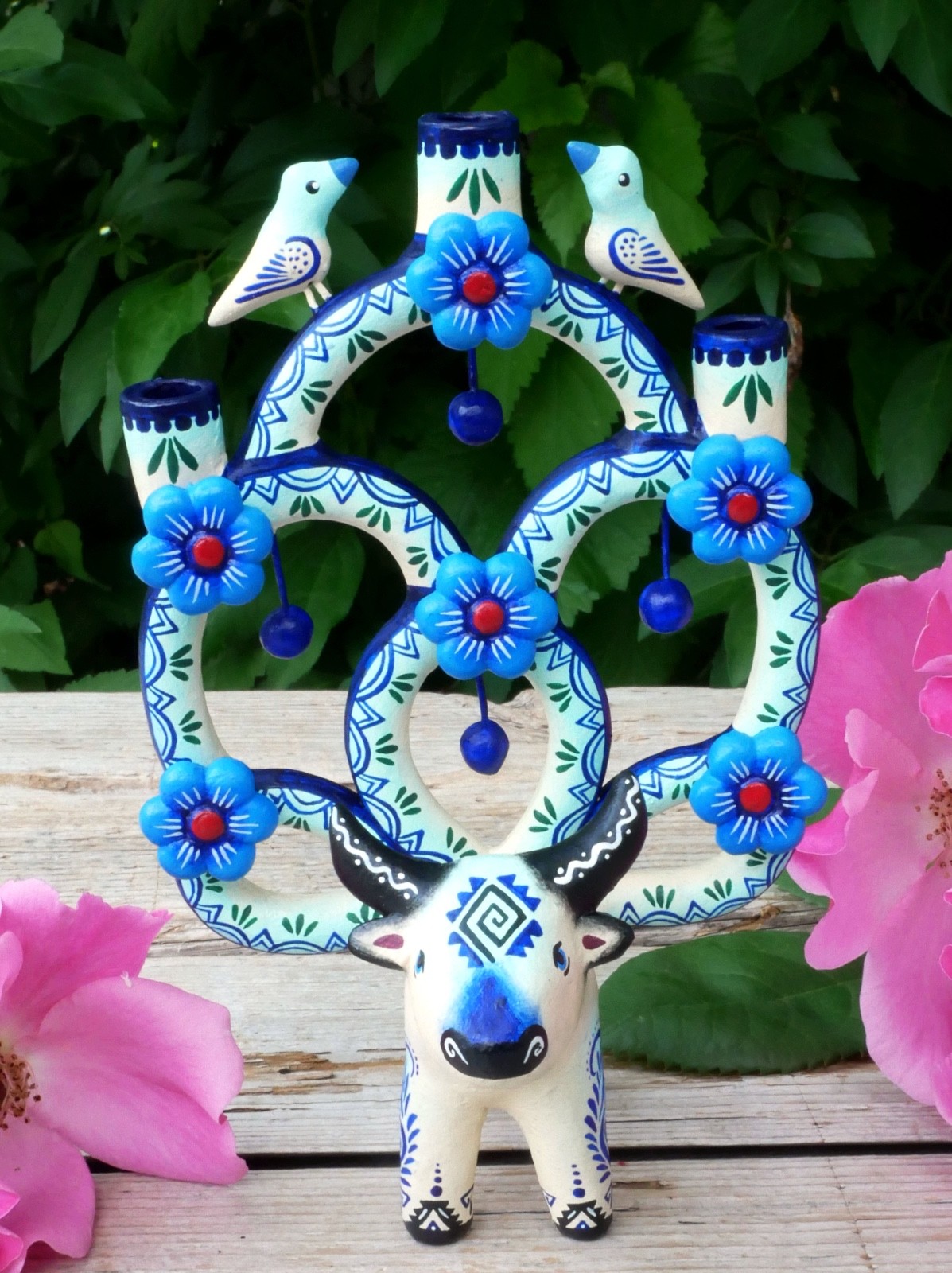Tree of Life Candelabra Bull Birds Flowers Handmade Clay Mexico Folk Art Tiny Sz Tree of Life Candelabra Bull Birds Flowers Handmade Clay Mexico Folk Art Tiny Sz