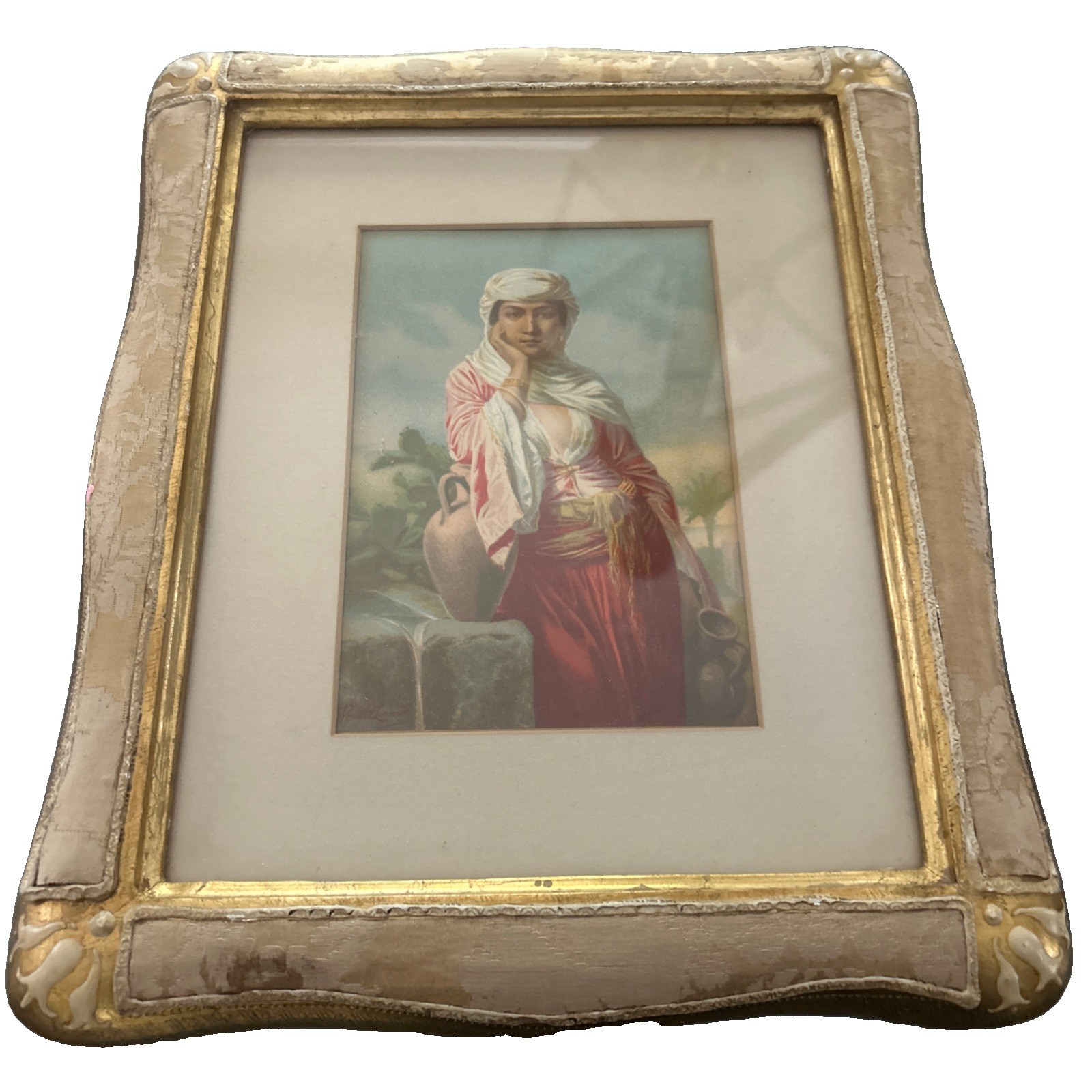Vintage House of Heydenryk gilt & Damask ornate Italian wood frame MCM